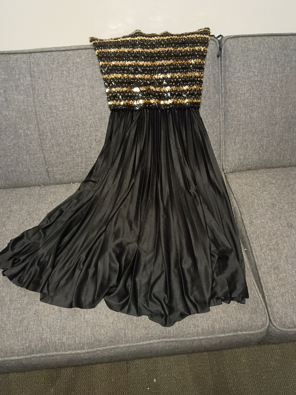 Strapless Black and Gold Sequin Evening Dress